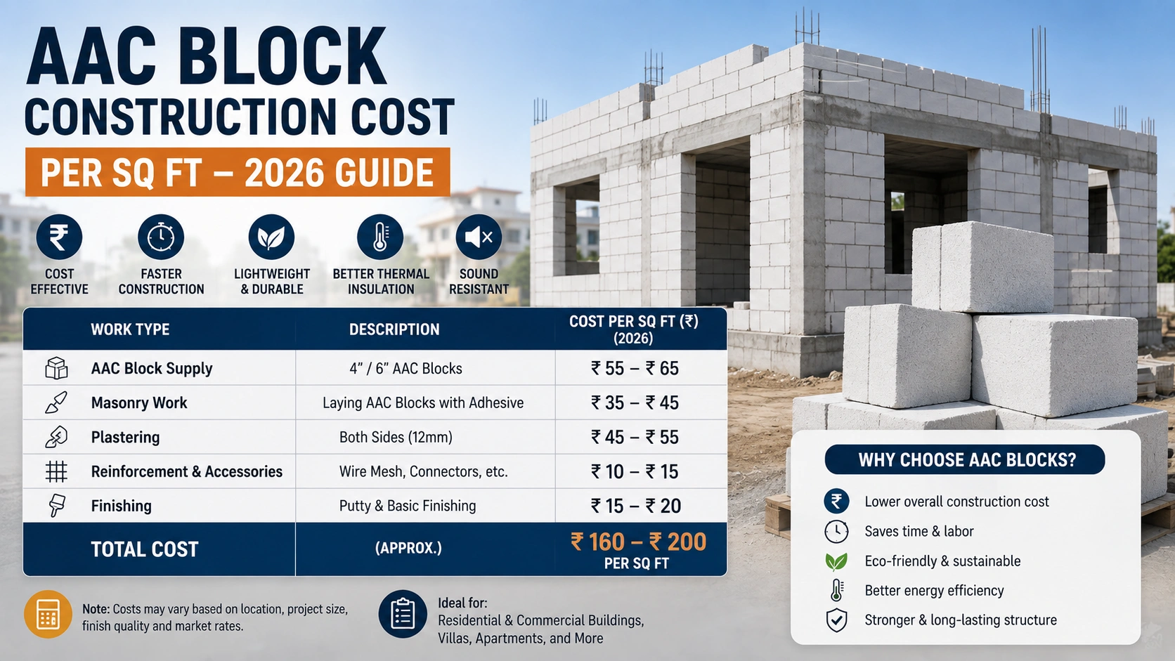 AAC Block Construction Cost Per Sq Ft in 2026 Complete Cost Guide for Homeowners