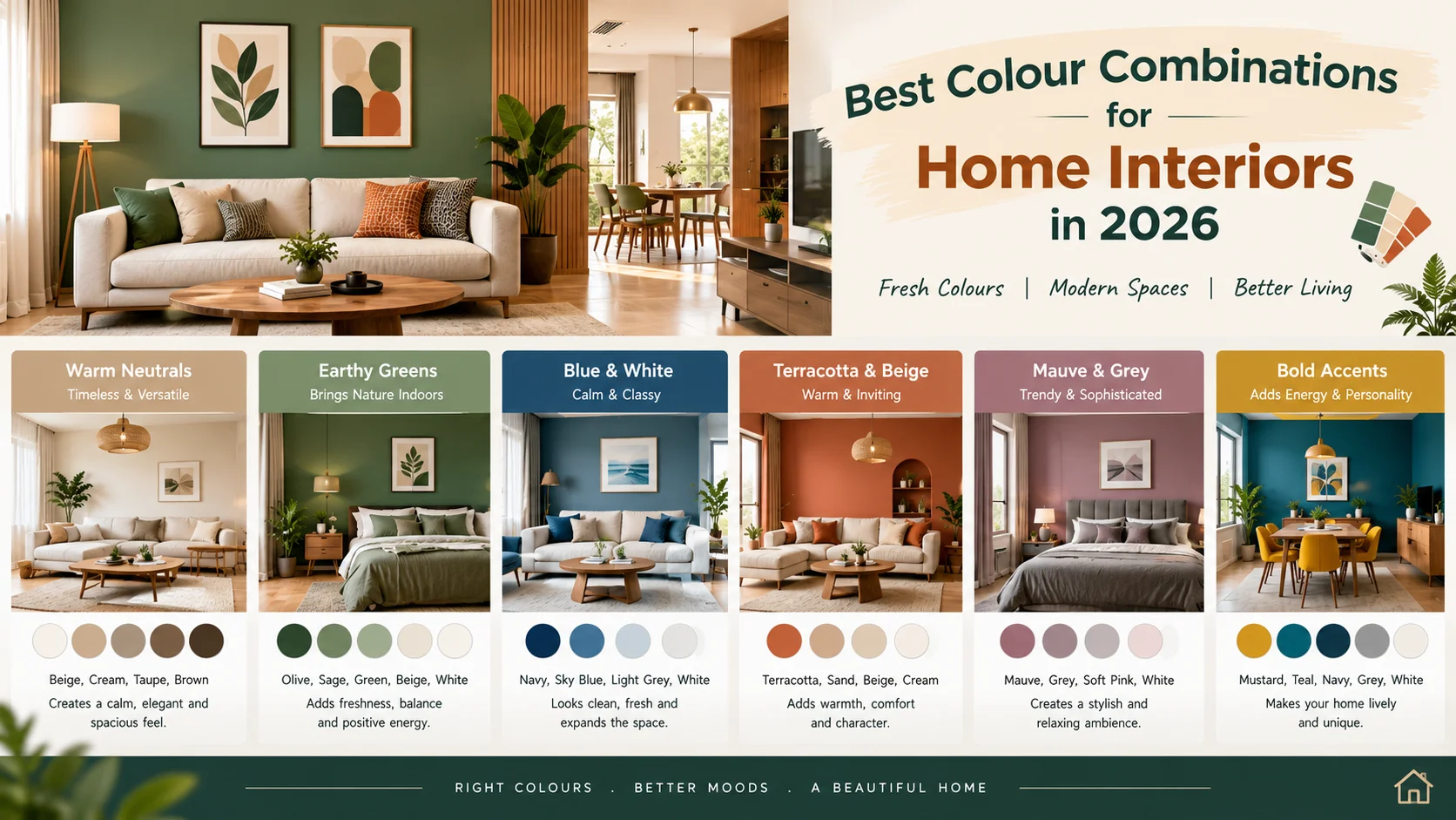 Best Colour Combinations for Home Interiors in 2026: Trending Shades, Room Wise Ideas and Expert Tips