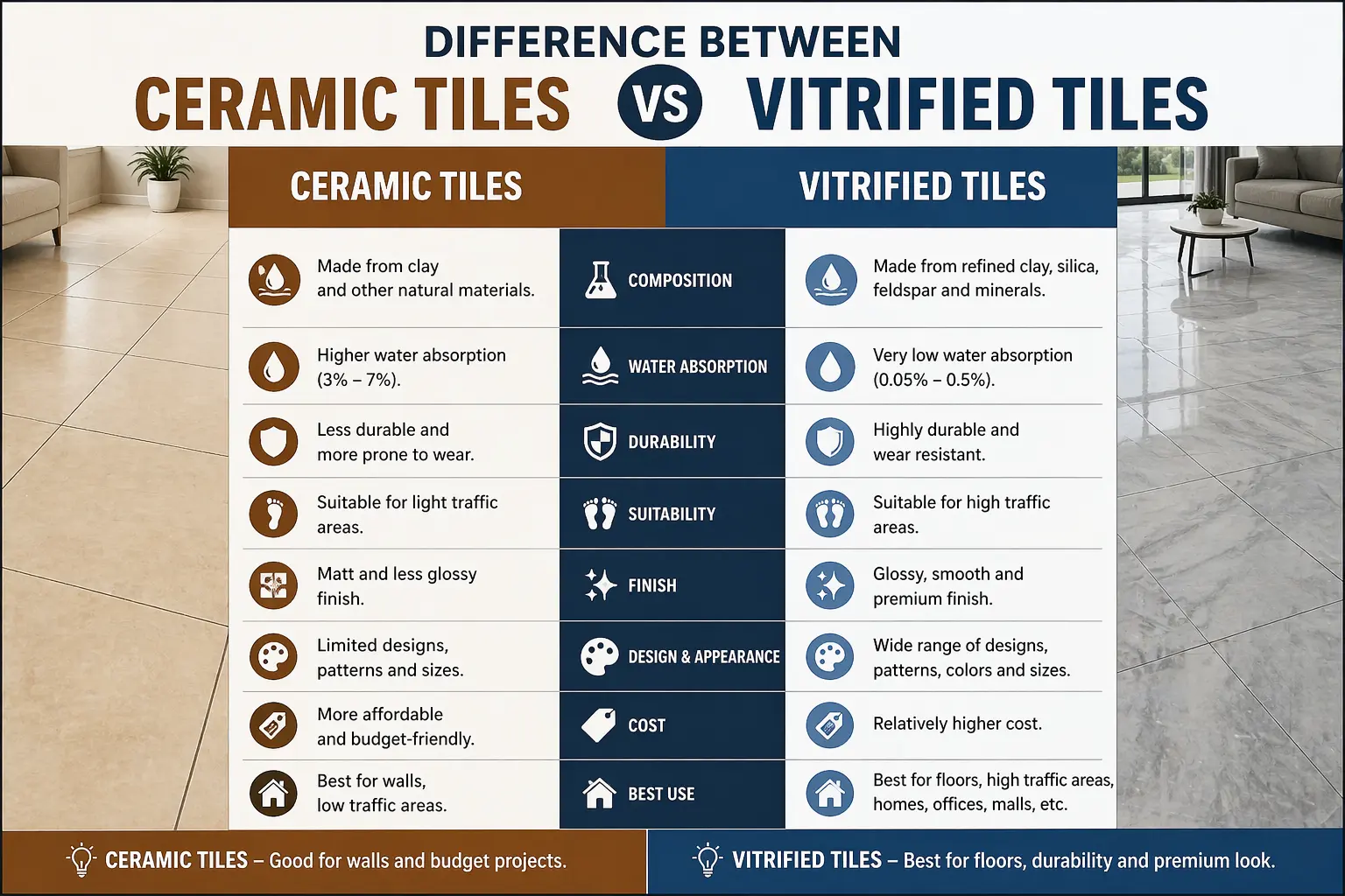 Ceramic Tiles vs Vitrified tiles A Complete Detailed  Guide