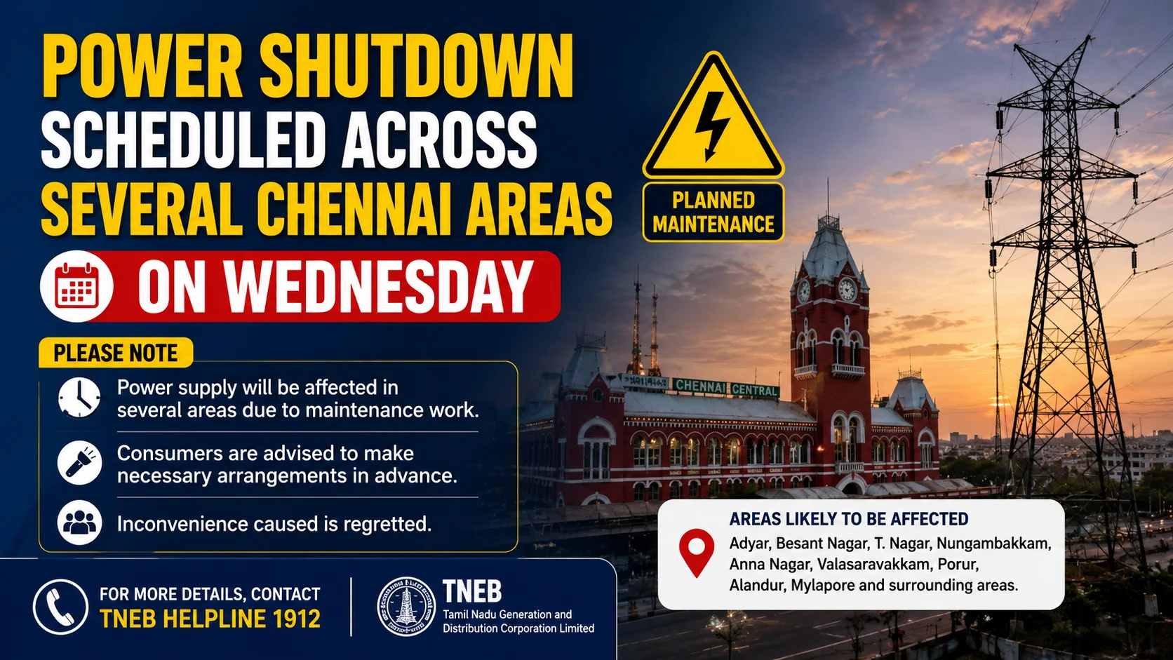 Power Shutdown Scheduled Across Several Chennai Areas on Wednesday