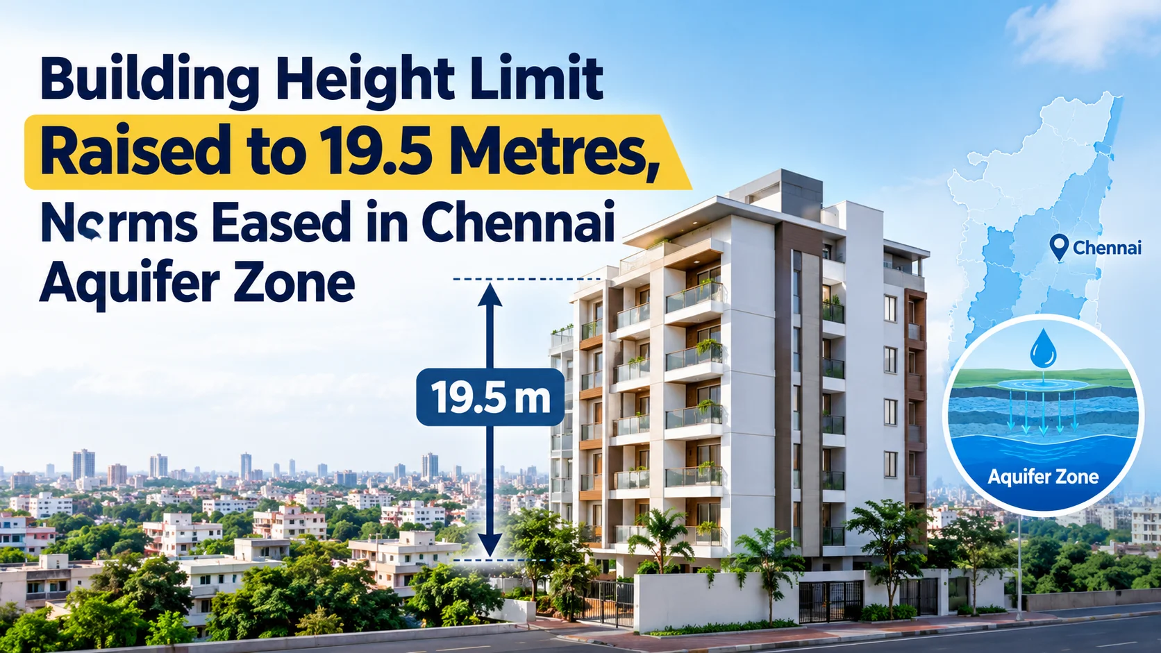 Generate an image in 16:9 Building Height Limit Raised to 19.5 Metres, Norms Eased in Chennai Aquifer Zone