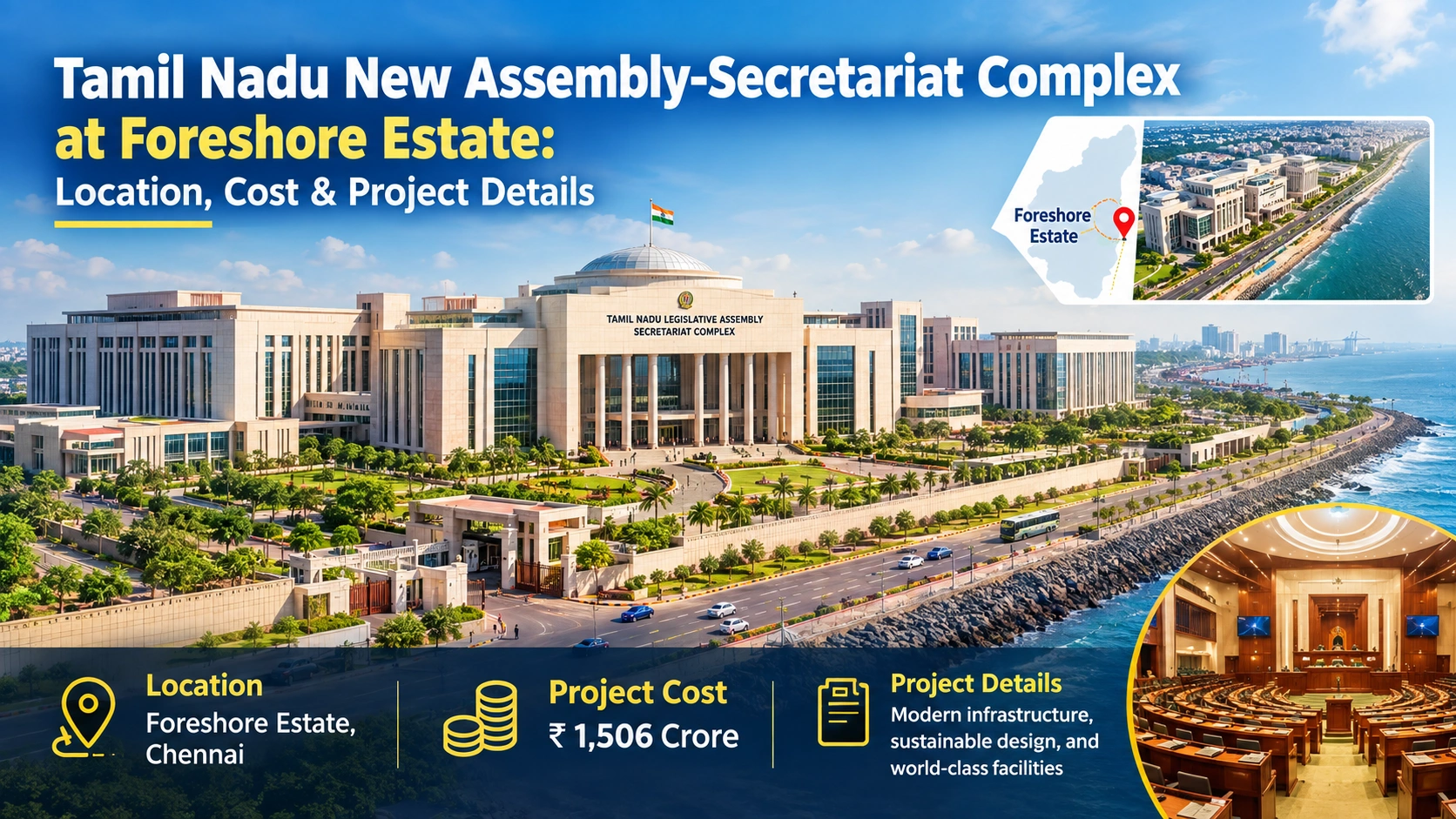 Tamil Nadu New Assembly Secretariat Complex at Foreshore Estate Location, Cost and Project Details